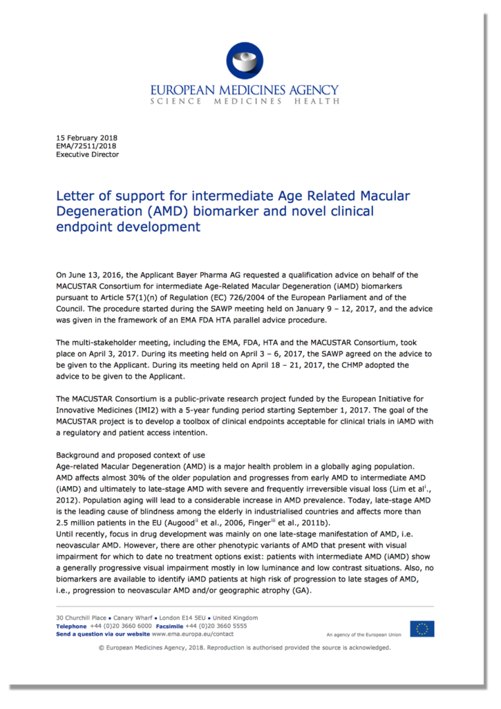 Letter of support for intermediate Age Related Macular Degeneration (AMD) biomarker and novel clinical endpoint development - from the European Medical Agency